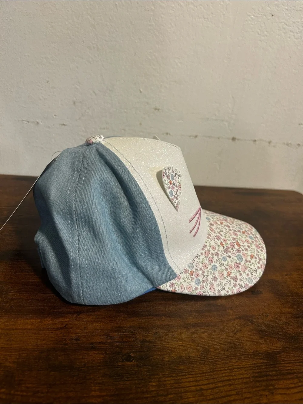 Capelli New York Toddler Girls Cat Face Glitter Floral Denim Baseball Hat 2T-4T